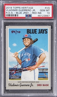 2019 Topps Heritage Real One Autographs Blue Jersey Red Ink Signature #VG Vladimir Guerrero Jr. Signed Rookie Card (#59/70) - PSA GEM MT 10